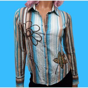 Vintage 90s Y2K Fitted Striped Button Up Shirt Size M Embroidered Blue Brown
